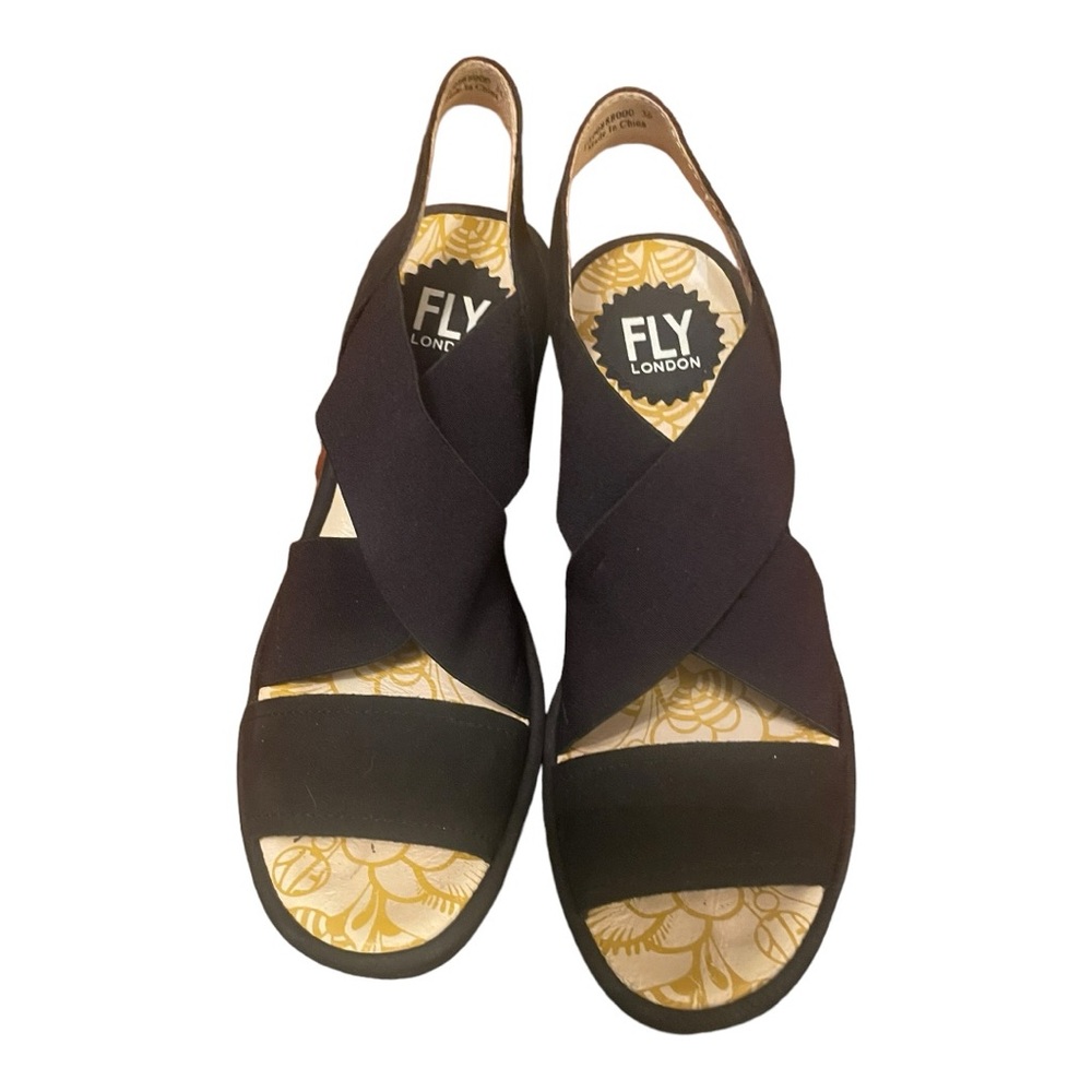 Fly London Black Wedge Sandals - Picture 2 of 9